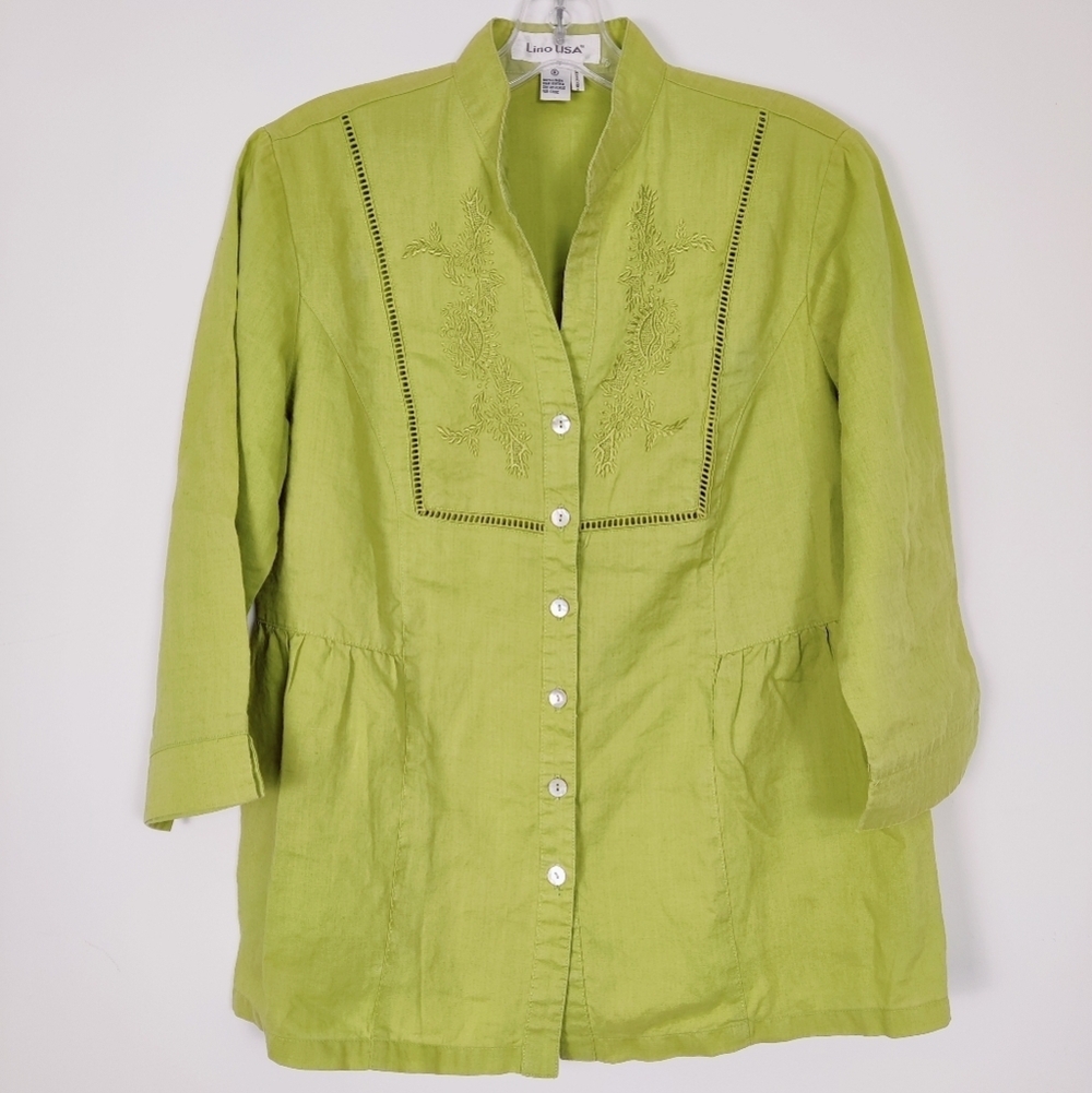 Lino USA Women's Embroidered Linen Blouse Green Size Small 100% Linen Bohemian
